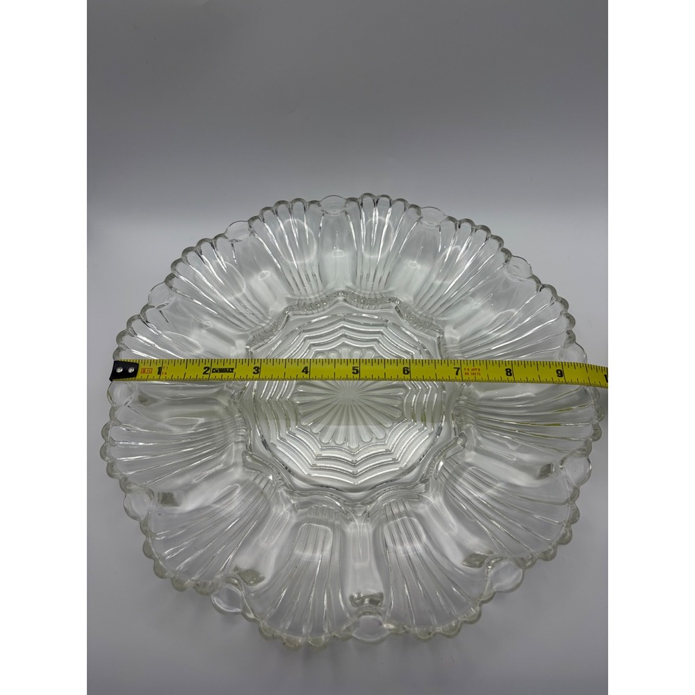 Vintage Clear Glass Deviled Egg Platter Scalloped Shell Design 9 Inch Round Tray - Picture 2 of 6